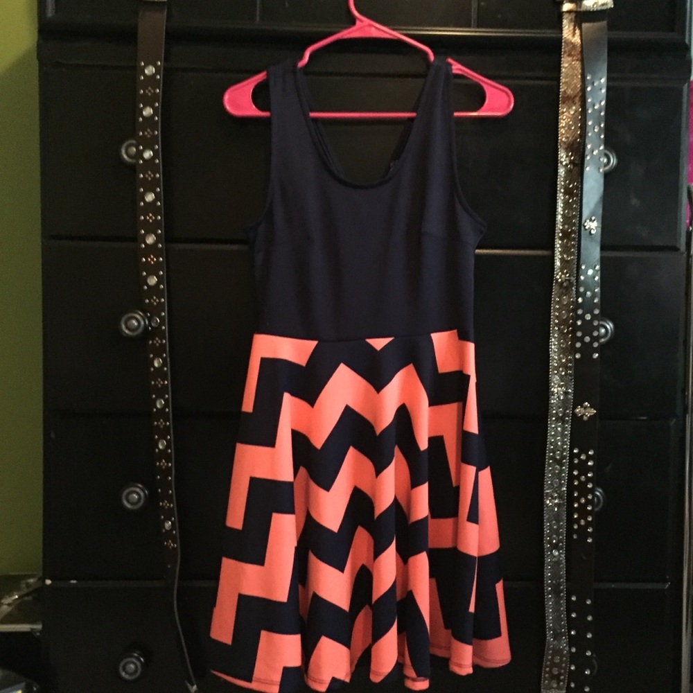 Never worn Chevron Dress. Navy blue and coral.